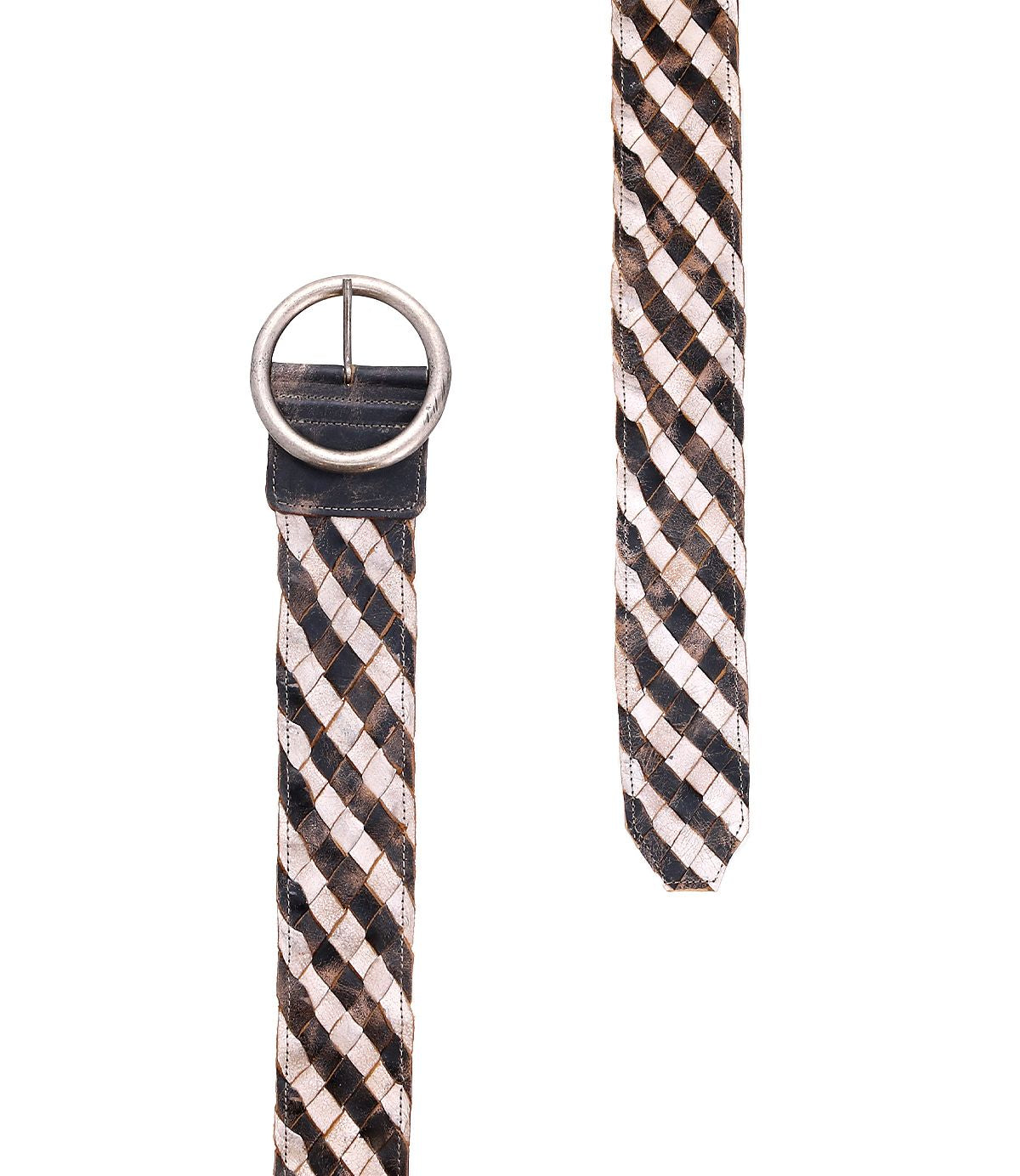 The Bed|Stü Dreamweaver belt, featuring artisan craftsmanship and bohemian style with its woven leather construction, round metal buckle, and black, white, and brown checkered pattern, is displayed from two angles against a white background.