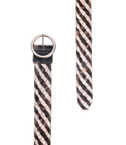 The Bed|Stü Dreamweaver belt, featuring artisan craftsmanship and bohemian style with its woven leather construction, round metal buckle, and black, white, and brown checkered pattern, is displayed from two angles against a white background.