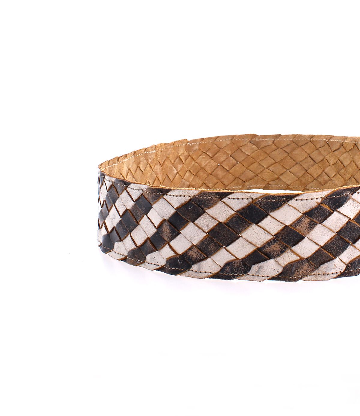 The Dreamweaver basket by Bed|Stü features a diamond pattern in natural, white, and dark brown tones against a white background, highlighting artisan craftsmanship and infusing any space with bohemian style.
