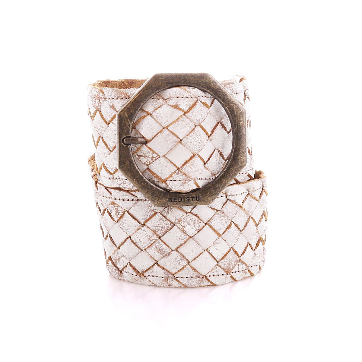 The Bed|Stü Dreamweaver is a wide woven white leather belt with a distressed finish, highlighting artisan craftsmanship and featuring an octagonal metal buckle, displayed against a white background.