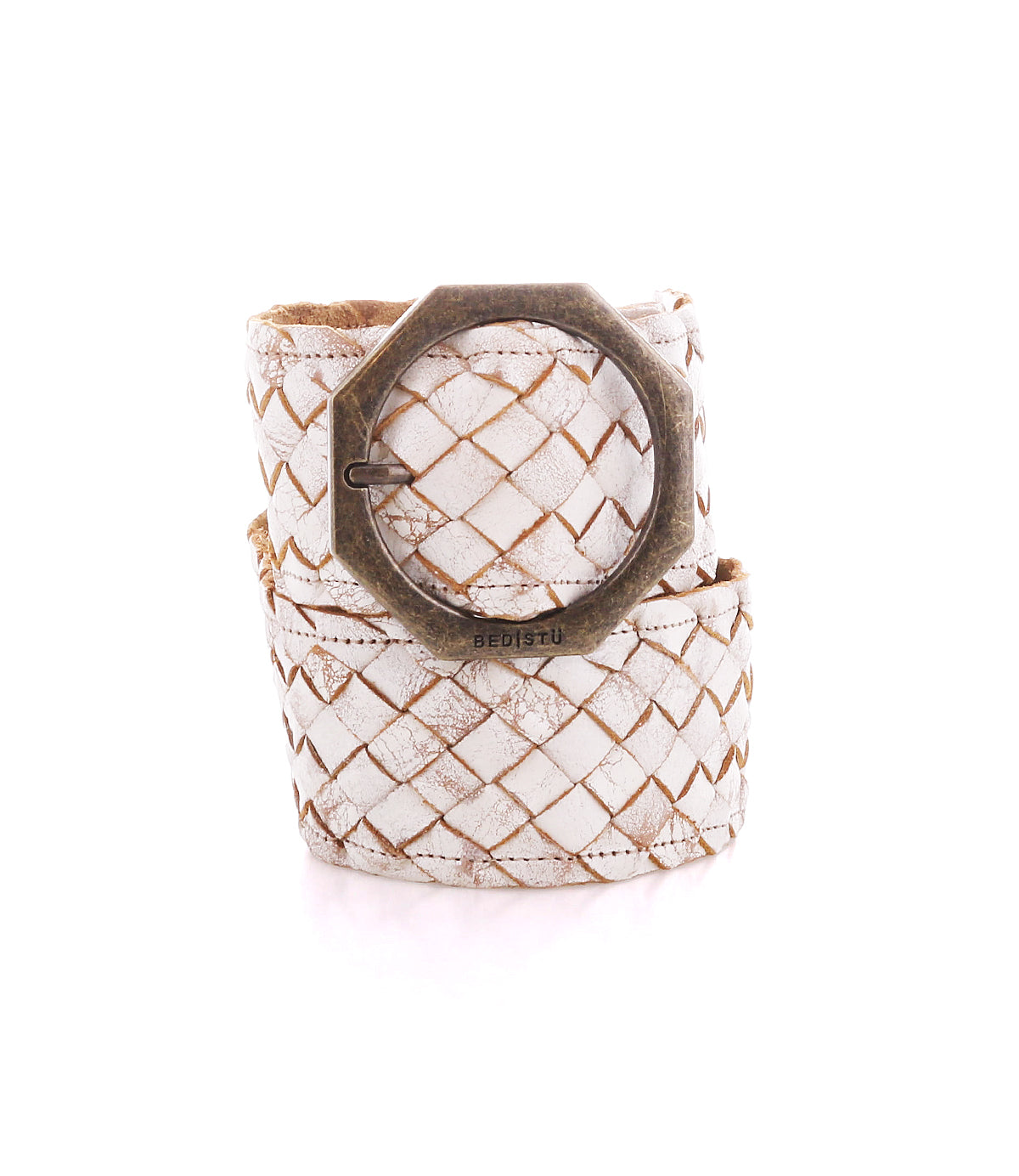 The Bed|Stü Dreamweaver is a wide woven white leather belt with a distressed finish, highlighting artisan craftsmanship and featuring an octagonal metal buckle, displayed against a white background.