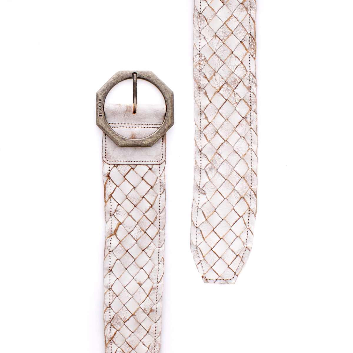 The Bed|Stü Dreamweaver belt, featuring a wide, woven leather design in off-white with brown accents and an octagonal metal buckle that highlights artisan craftsmanship, is displayed laid flat on a white background.