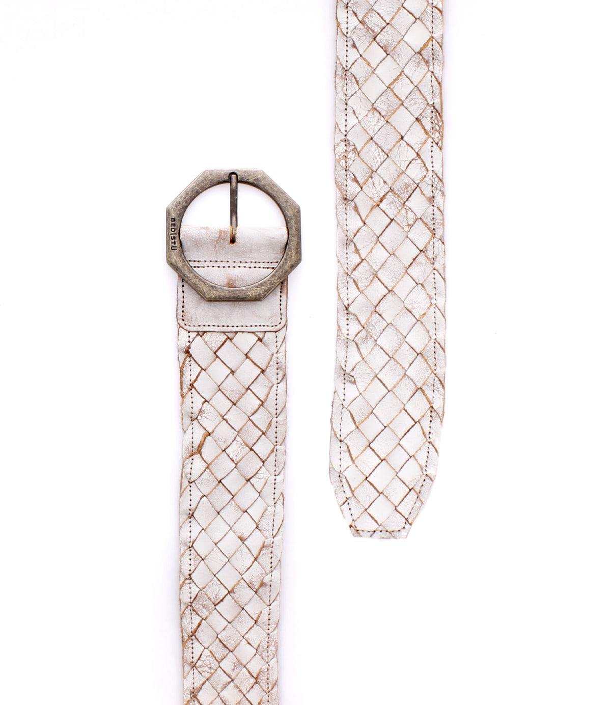 The Bed|Stü Dreamweaver belt, featuring a wide, woven leather design in off-white with brown accents and an octagonal metal buckle that highlights artisan craftsmanship, is displayed laid flat on a white background.