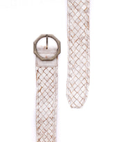 The Bed|Stü Dreamweaver belt, featuring a wide, woven leather design in off-white with brown accents and an octagonal metal buckle that highlights artisan craftsmanship, is displayed laid flat on a white background.