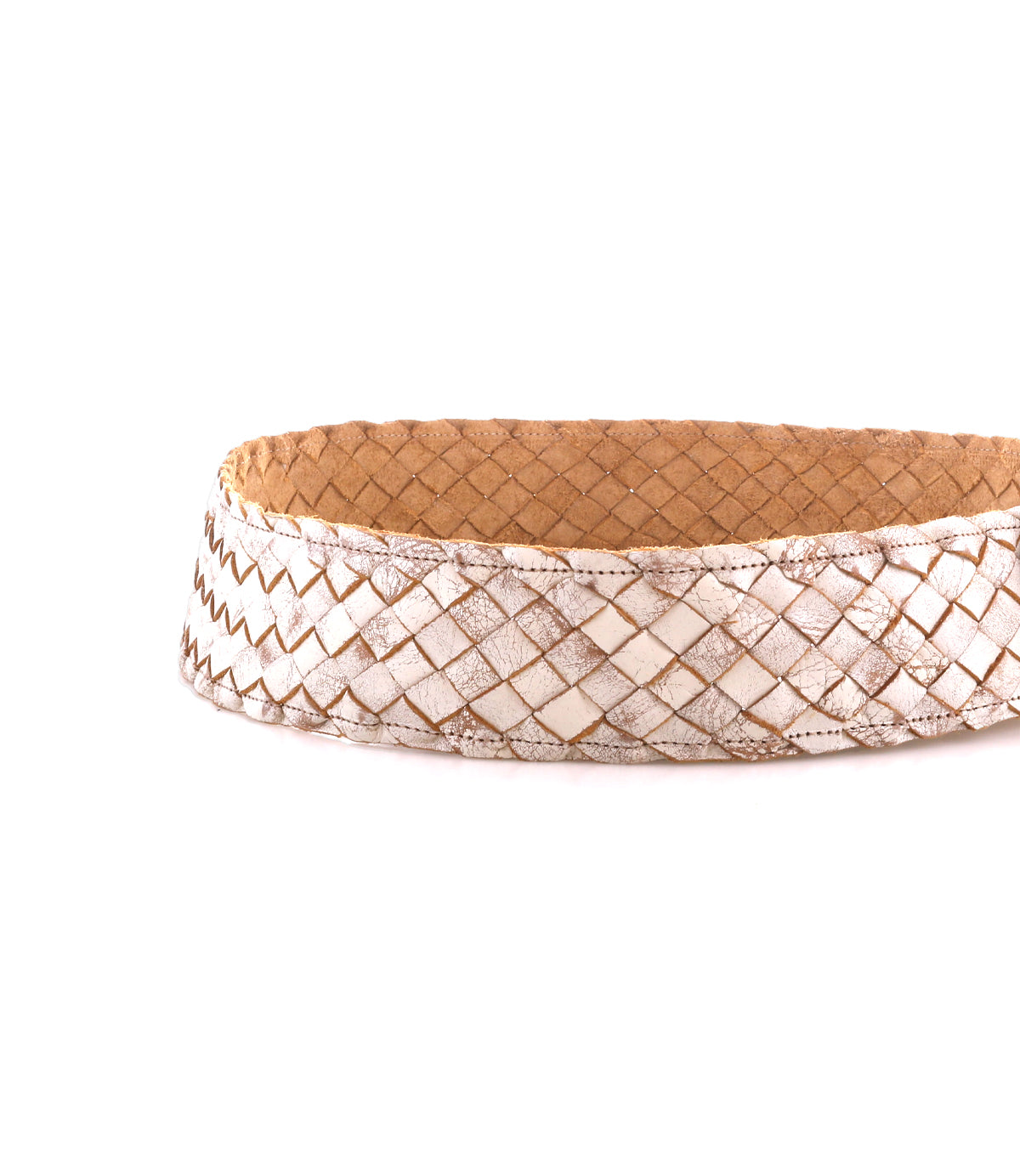 The Dreamweaver basket by Bed|Stü features a white and brown woven design with a flat base, showcased against a plain white background, highlighting artisan craftsmanship and bringing a touch of bohemian style to any space.