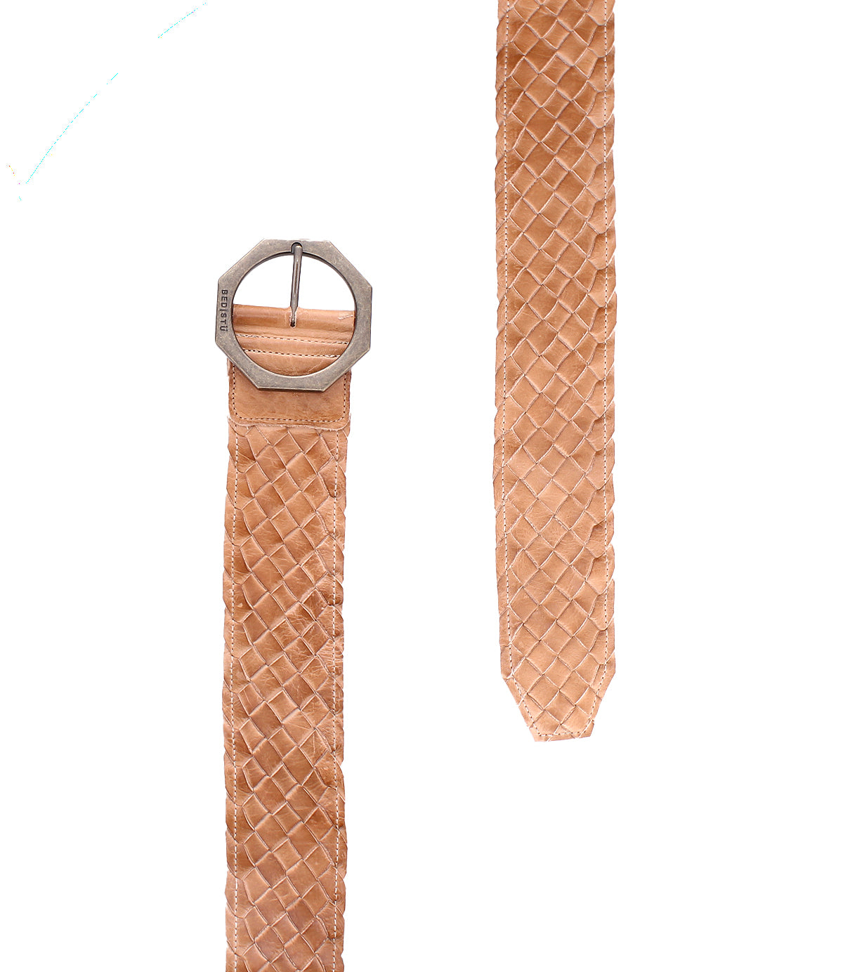 The Dreamweaver belt by Bed|Stü showcases artisan craftsmanship in beige woven leather with a distinctive silver hexagonal buckle. Displayed from both the buckle end and the pointed tip against a white background, this accessory brings a bohemian flair to any outfit.