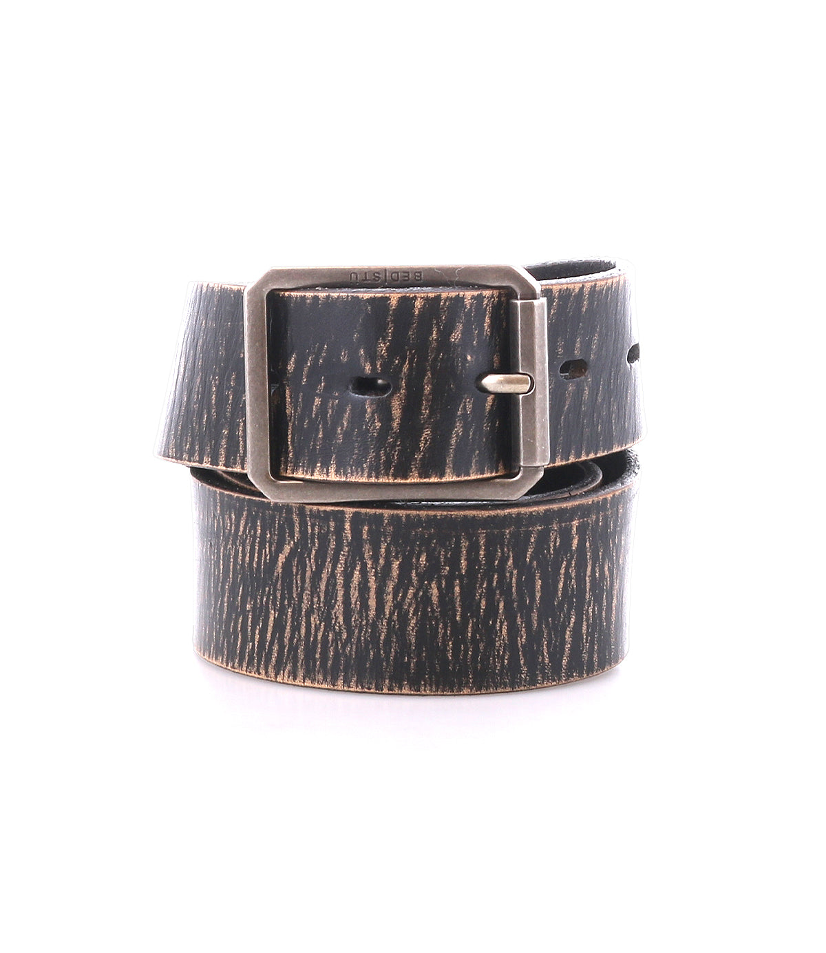 The Bed|Stü Drifter is a black and brown textured leather strap belt, featuring a rectangular silver metal buckle, coiled against a white background for a minimal style that complements any outfit.