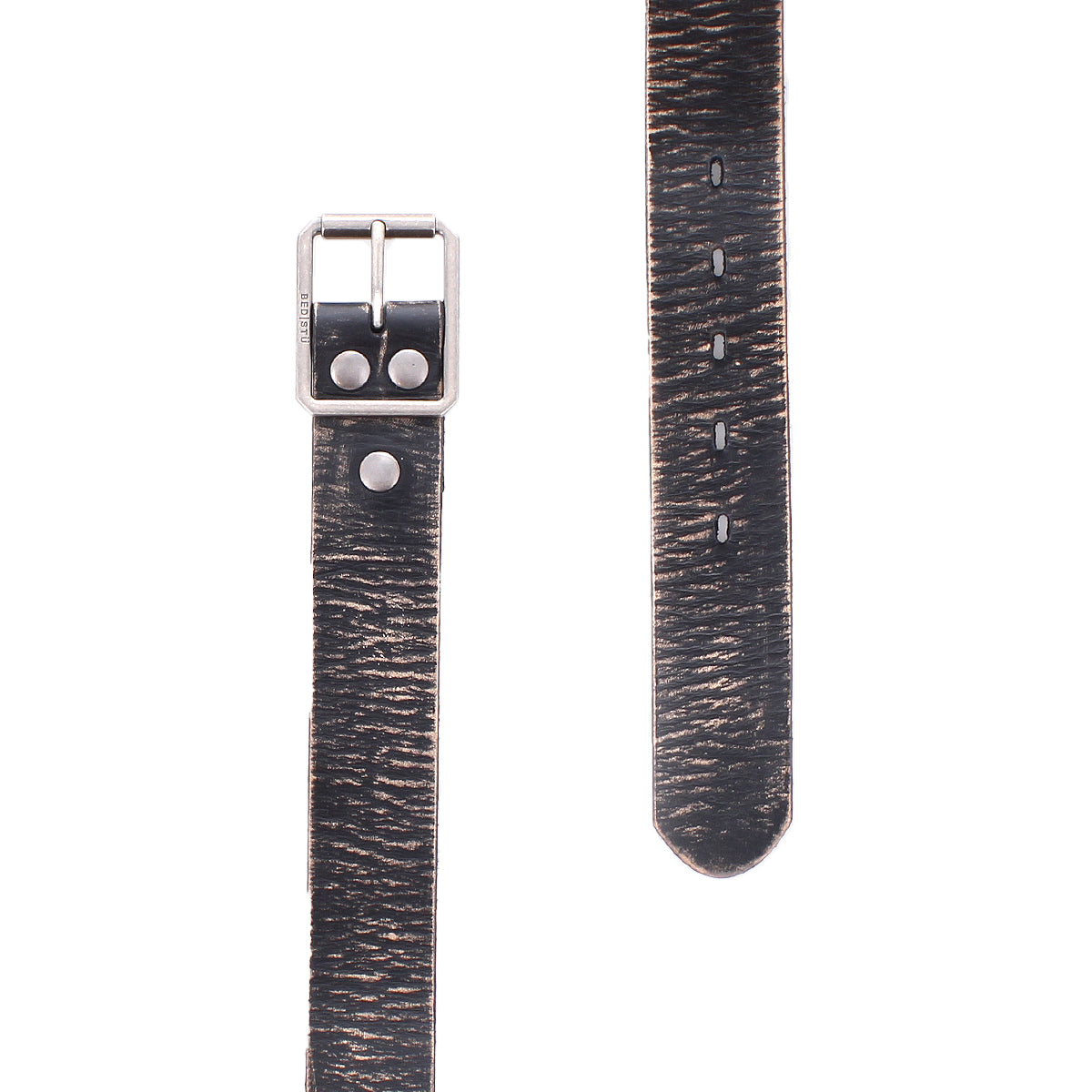 Two segments of the Drifter textured leather strap by Bed|Stü, in dark brown with a metal buckle and silver rivets, are displayed on a white background in a minimal style.