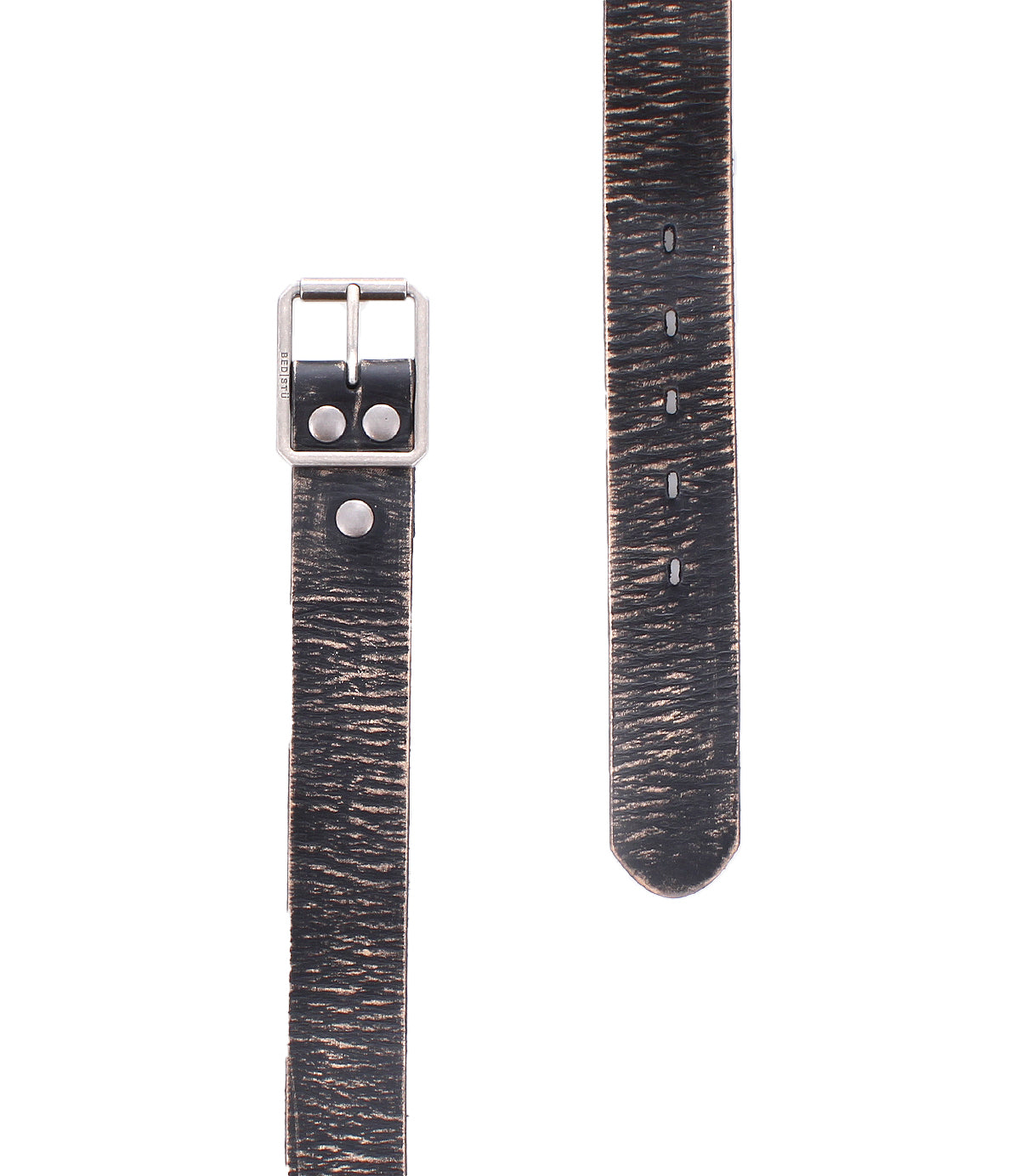 Two segments of the Drifter textured leather strap by Bed|Stü, in dark brown with a metal buckle and silver rivets, are displayed on a white background in a minimal style.