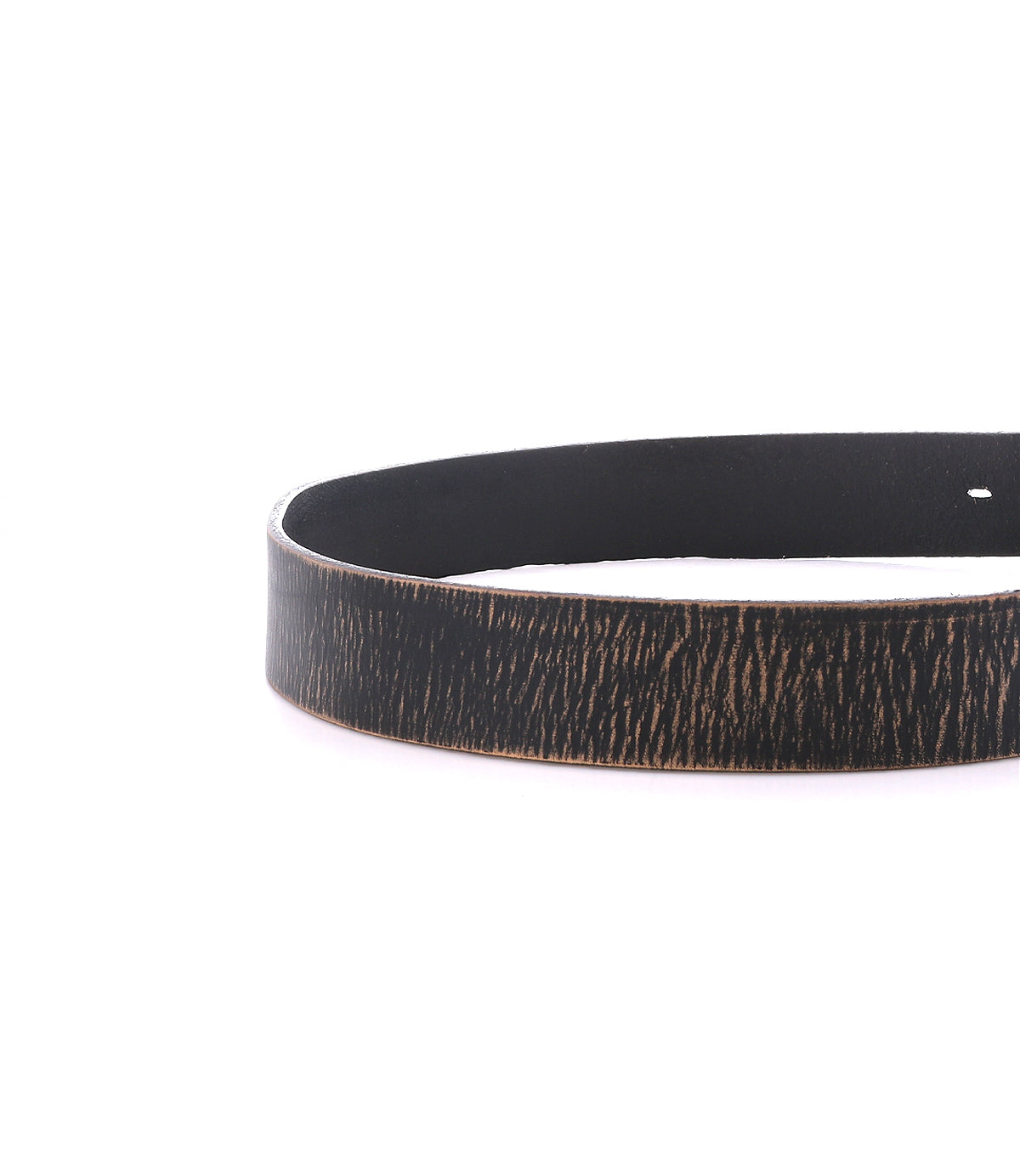 A partial view of the Bed|Stü Drifter belt in dark brown leather with a distressed, textured finish and a metal buckle, showcasing a minimal style against a white background.