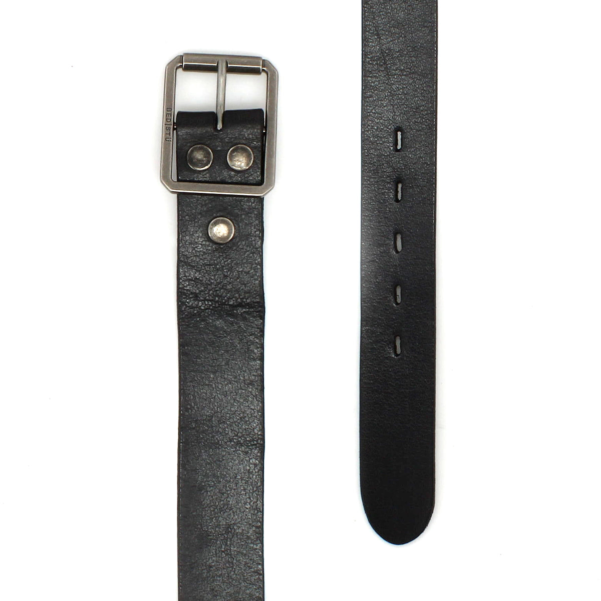 The Drifter belt by Bed|Stü is featured against a white background, showcasing its black textured leather strap with a metal buckle, two metal studs, and multiple adjustment holes. Its minimal design and refined craftsmanship make this versatile accessory an elegant addition to any wardrobe.