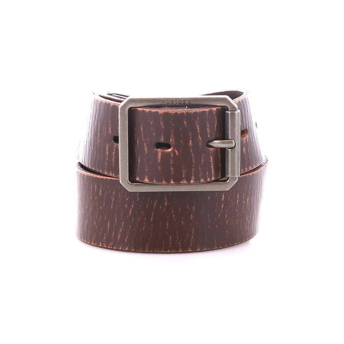 Showcased coiled to display its detailed pattern, the Drifter belt by Bed|Stü features a brown textured leather strap and a silver metal buckle, enhancing its minimal style.