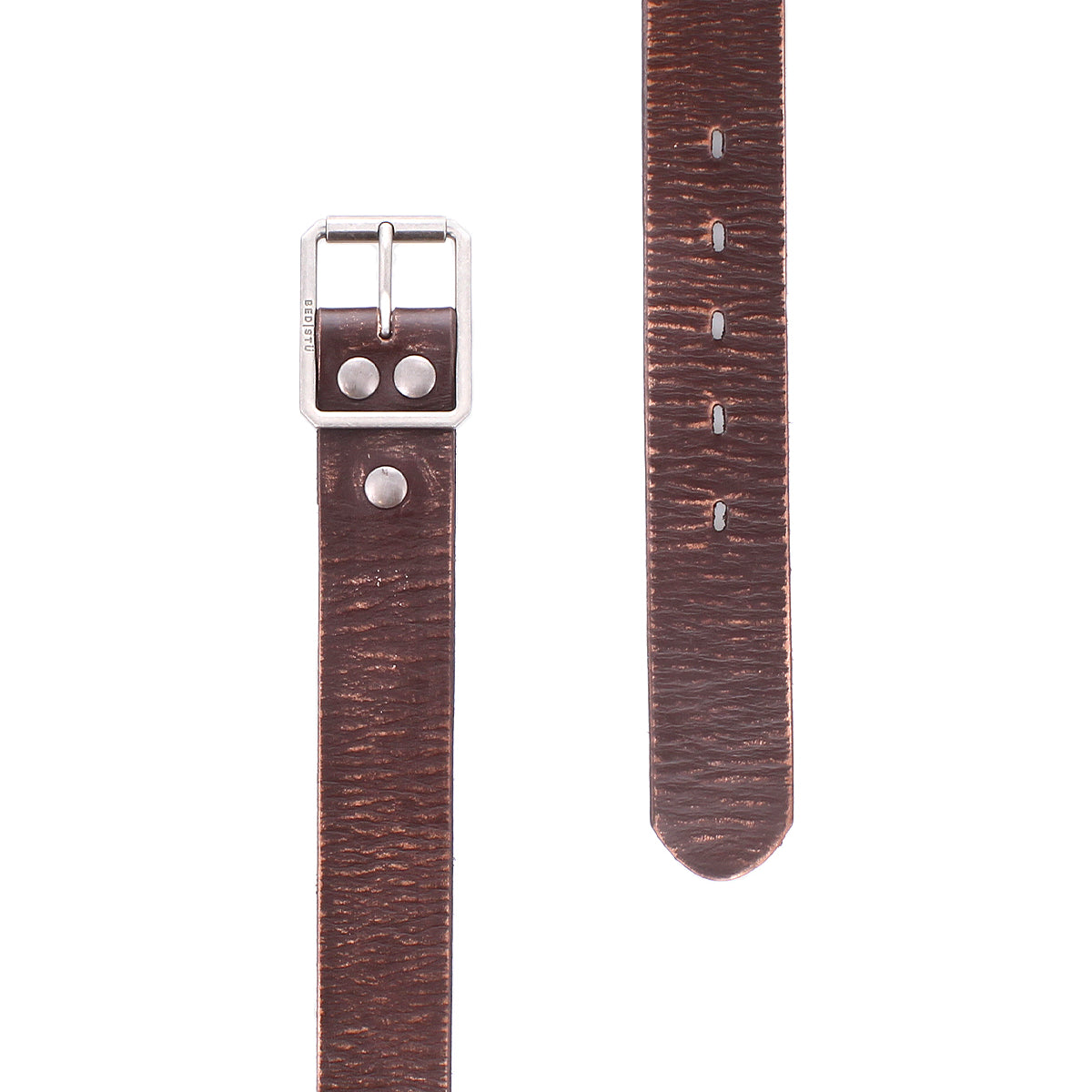 Two sections of the Drifter strap by Bed|Stü in brown textured leather with a minimal design are shown—one featuring the metal buckle and the other displaying multiple adjustment holes.