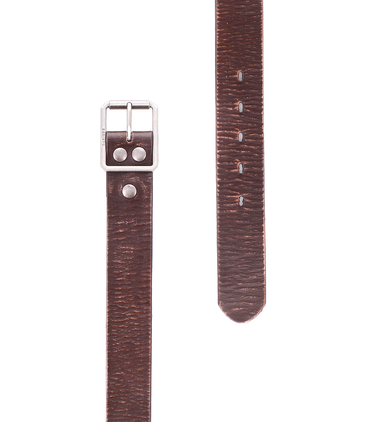 Two sections of the Drifter strap by Bed|Stü in brown textured leather with a minimal design are shown—one featuring the metal buckle and the other displaying multiple adjustment holes.