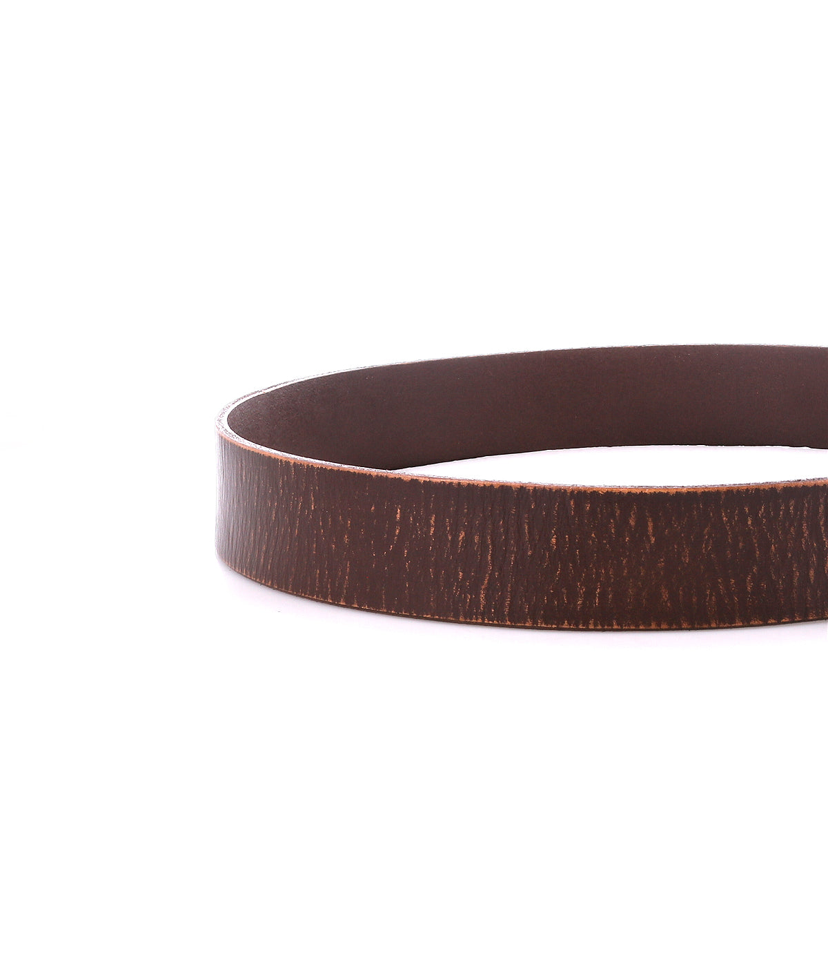 A close-up of the Bed|Stü Drifter brown textured leather strap, looped in a circle with a metal buckle, displayed on a white background in minimal style.