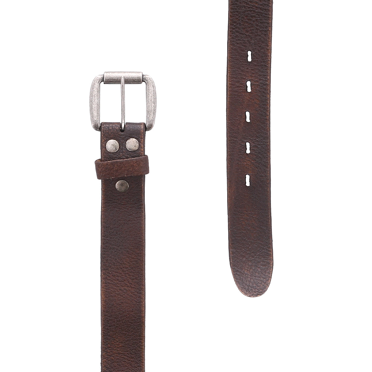 The Drifter belt by Bed|Stü is crafted from brown textured leather in a minimal style, featuring a metal buckle, decorative metal rivets, and multiple holes for size adjustment.