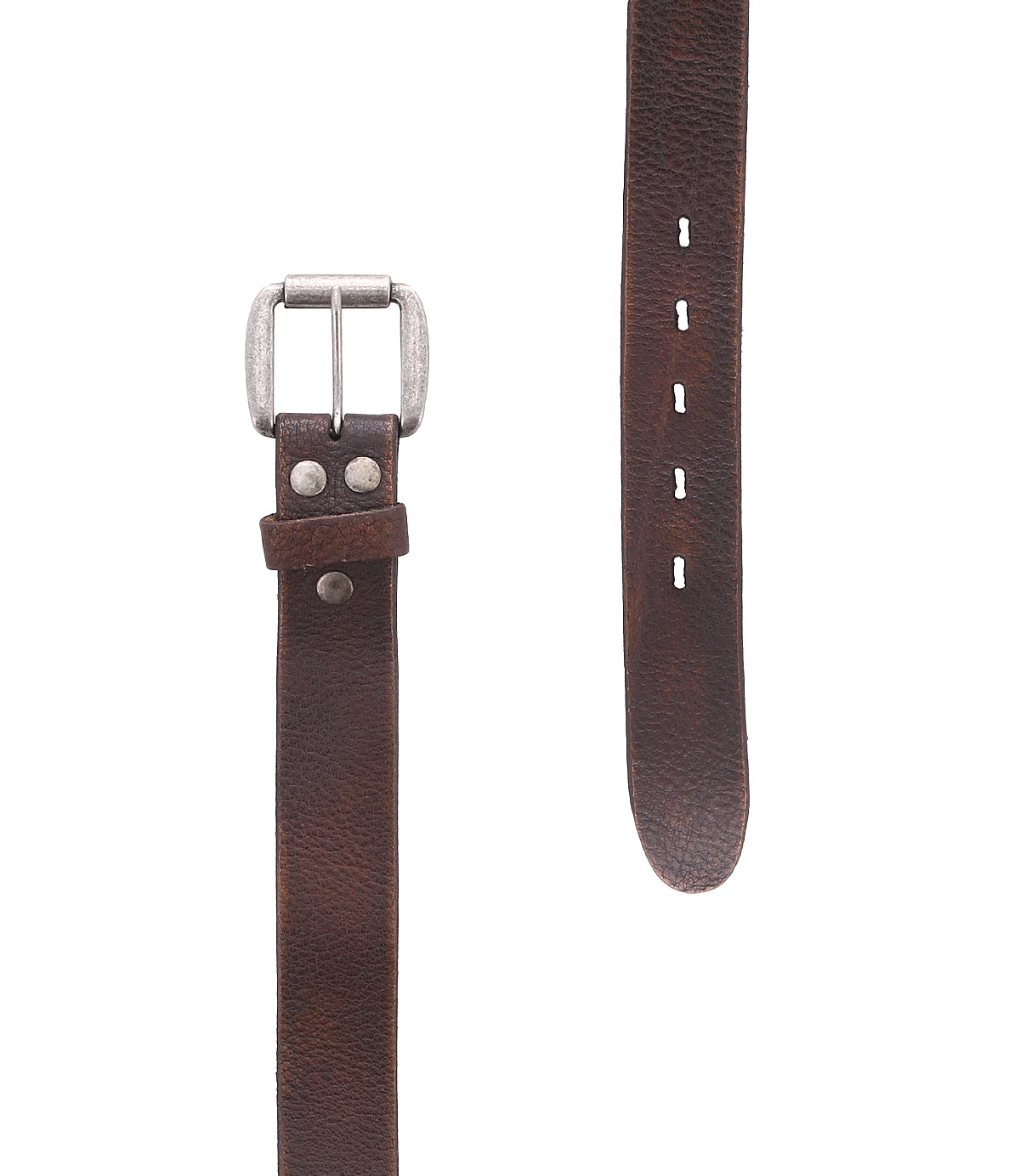 The Drifter belt by Bed|Stü is crafted from brown textured leather in a minimal style, featuring a metal buckle, decorative metal rivets, and multiple holes for size adjustment.