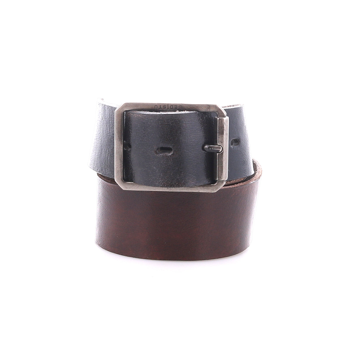 The Drifter by Bed|Stü is a rolled leather belt featuring a rectangular metal buckle and a textured strap, with rich dark brown leather on the outside and black leather on the inside, displayed against a white background for a clean, minimal style.