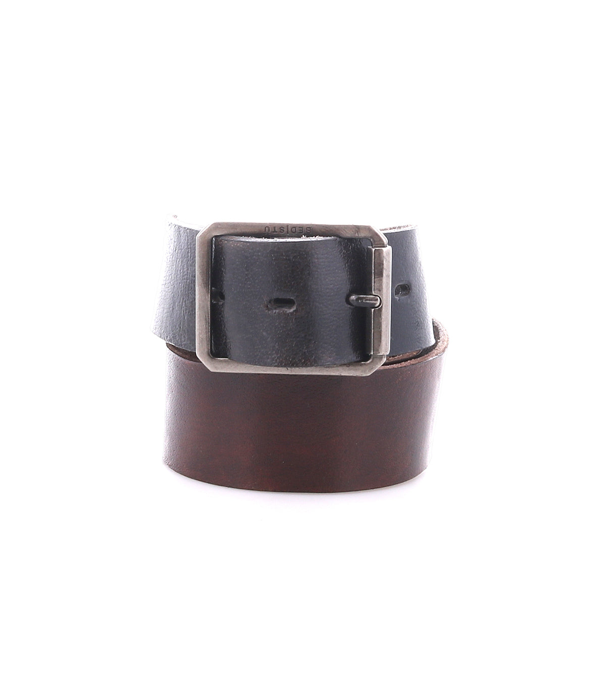 The Drifter by Bed|Stü is a rolled leather belt featuring a rectangular metal buckle and a textured strap, with rich dark brown leather on the outside and black leather on the inside, displayed against a white background for a clean, minimal style.