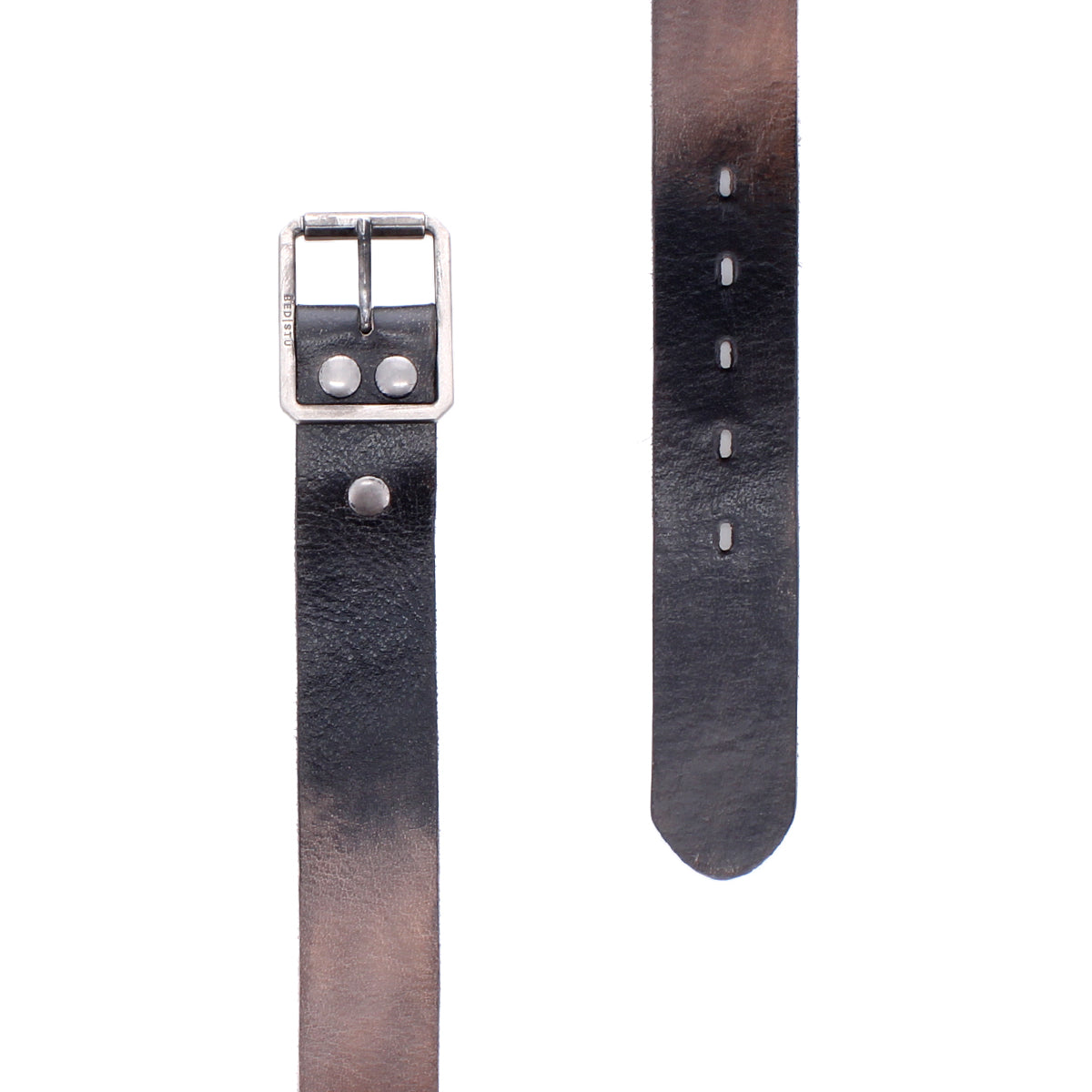 Two strips of the Bed|Stü Drifter textured leather strap in brown and black are shown. The left strip features a metal buckle and rivets, while the right strip has punched holes. Both straps are isolated on a white background in a minimal style.