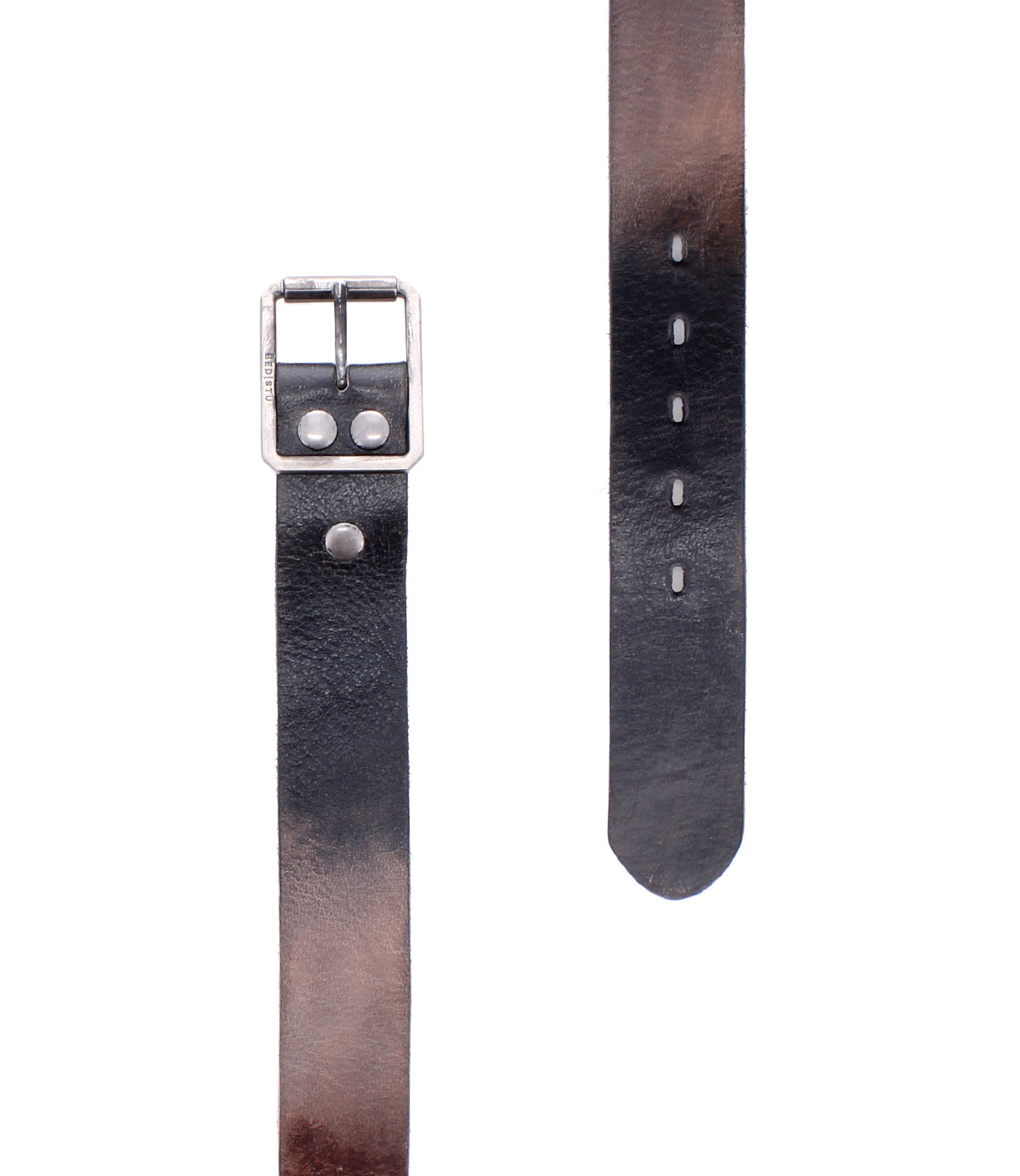Two strips of the Bed|Stü Drifter textured leather strap in brown and black are shown. The left strip features a metal buckle and rivets, while the right strip has punched holes. Both straps are isolated on a white background in a minimal style.