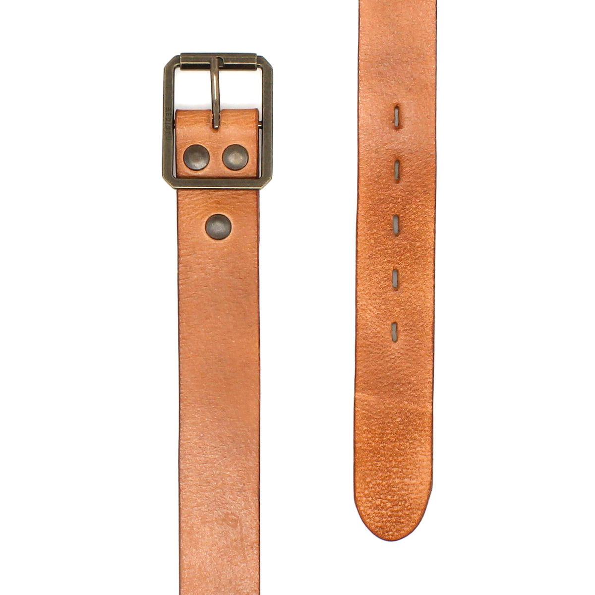 Light brown textured leather Drifter belt by Bed|Stü, featuring a square metal buckle and subtle metal studs for a minimal style, shown both fastened and with visible punched holes.
