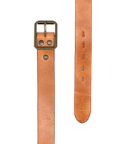 Light brown textured leather Drifter belt by Bed|Stü, featuring a square metal buckle and subtle metal studs for a minimal style, shown both fastened and with visible punched holes.