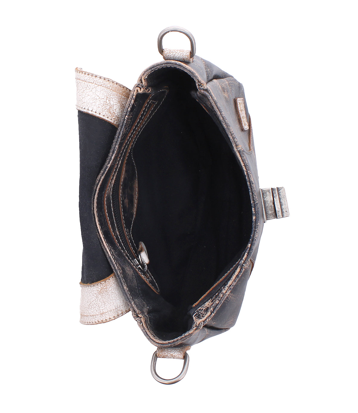 Top view of an open Bed|Stü Elect shoulder bag featuring a black interior with a zipper pocket and metallic rings on the sides—a stylish brown accessory that adds vintage charm to your everyday look.