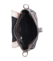 Top view of an open Bed|Stü Elect shoulder bag featuring a black interior with a zipper pocket and metallic rings on the sides—a stylish brown accessory that adds vintage charm to your everyday look.