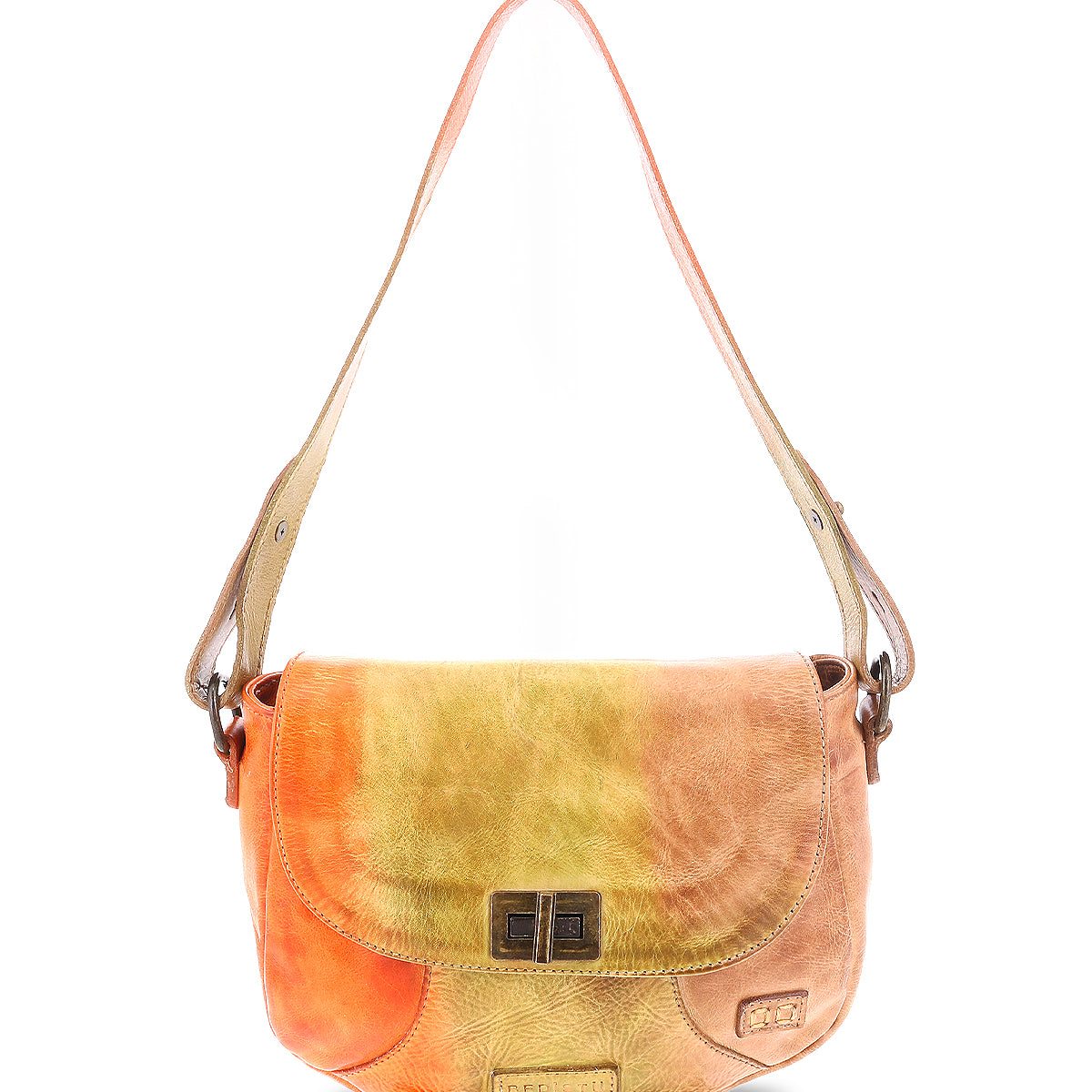 Introducing the Elect shoulder bag by Bed|Stü—a stylish everyday accessory featuring a flap closure and a striking mix of yellow, orange, and tan leather. Finished with a front metal clasp, this piece marries vintage charm with practical style for daily use.