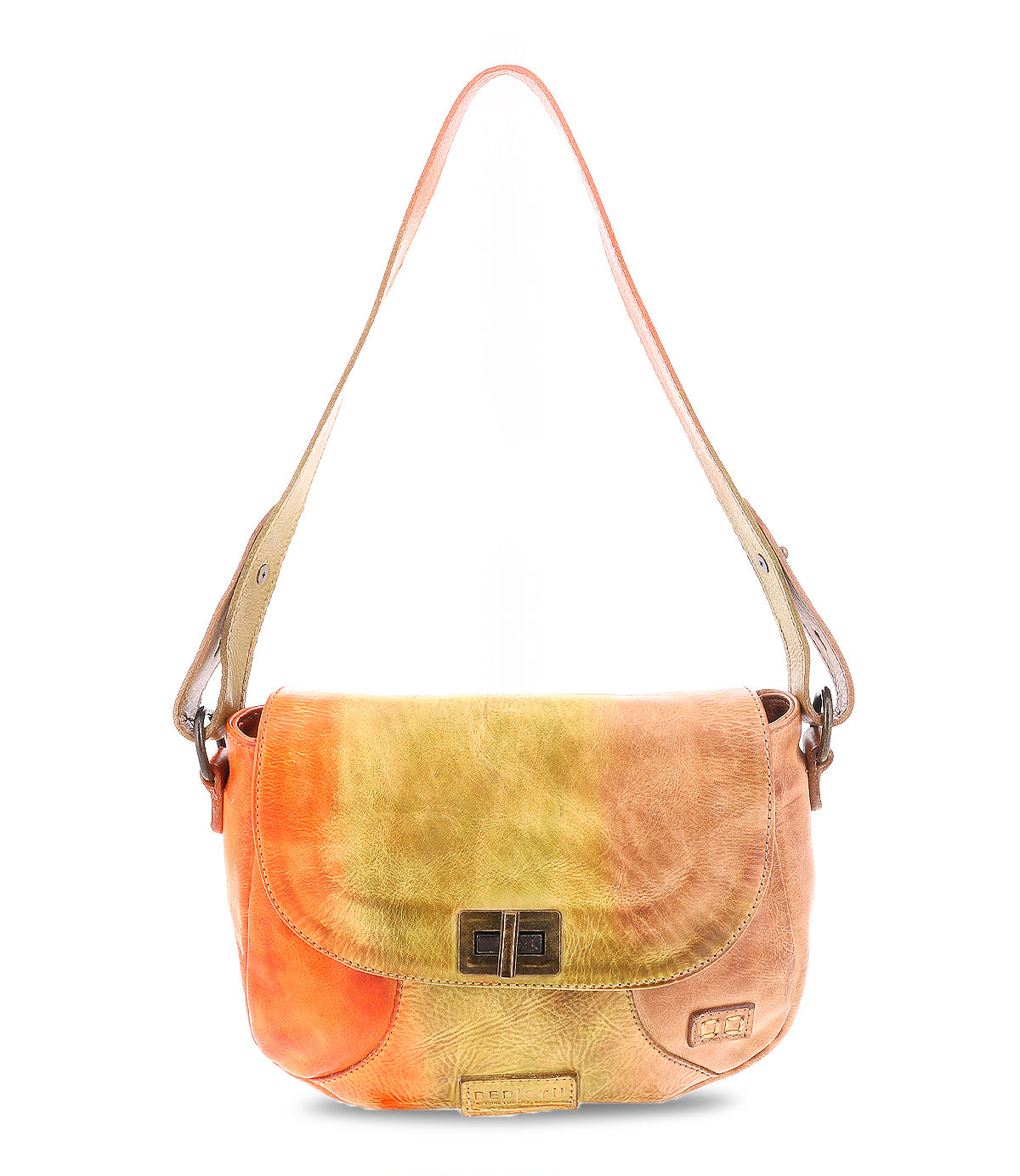 Introducing the Elect shoulder bag by Bed|Stü—a stylish everyday accessory featuring a flap closure and a striking mix of yellow, orange, and tan leather. Finished with a front metal clasp, this piece marries vintage charm with practical style for daily use.