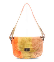 Introducing the Elect shoulder bag by Bed|Stü—a stylish everyday accessory featuring a flap closure and a striking mix of yellow, orange, and tan leather. Finished with a front metal clasp, this piece marries vintage charm with practical style for daily use.