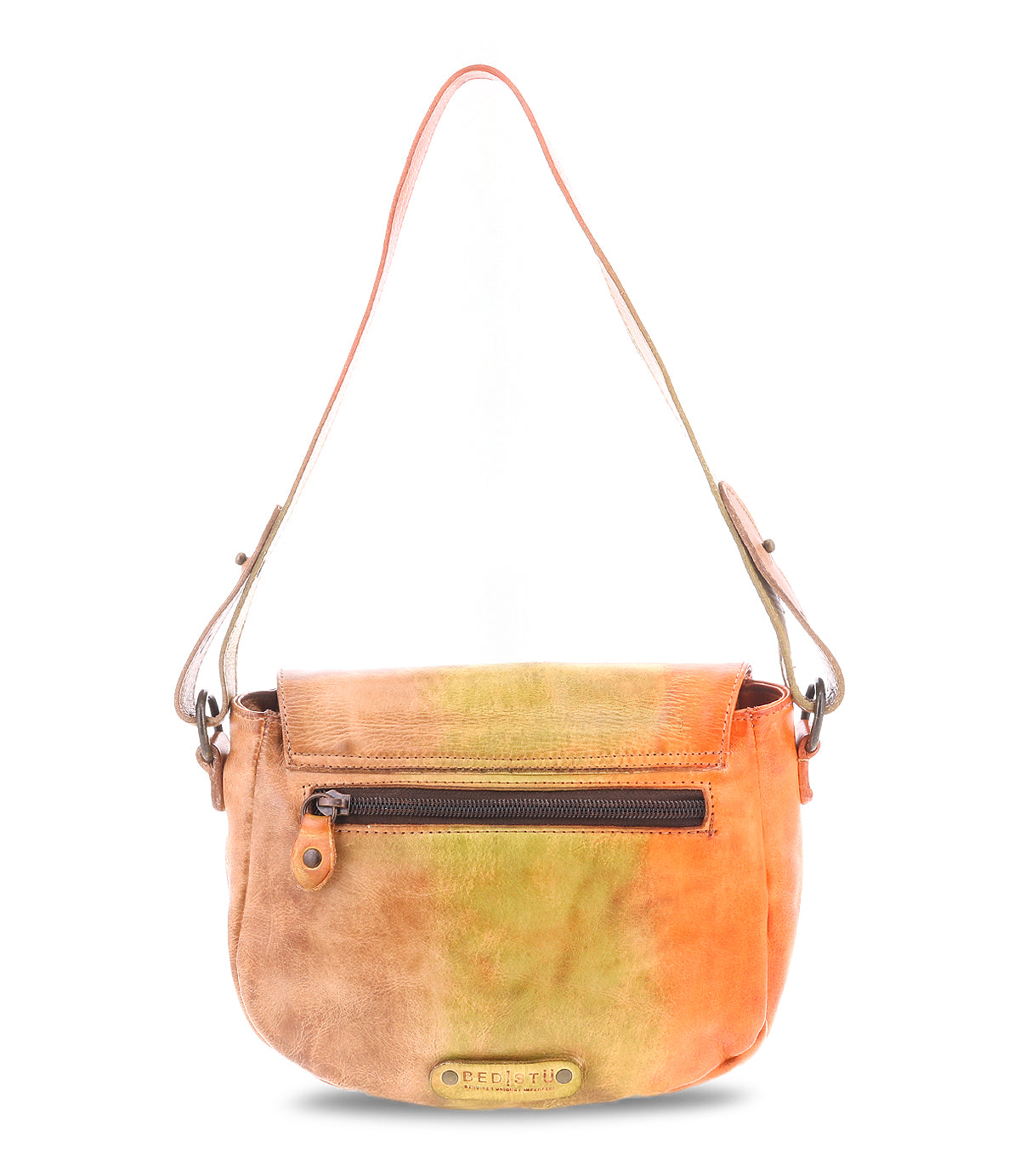Introducing the Elect by Bed|Stü: a compact leather shoulder bag featuring an eye-catching orange and tan gradient, a convenient front zipper pocket, and a distinctive metal logo plate at the bottom center—blending vintage-inspired charm with modern practicality for everyday use.