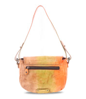 Introducing the Elect by Bed|Stü: a compact leather shoulder bag featuring an eye-catching orange and tan gradient, a convenient front zipper pocket, and a distinctive metal logo plate at the bottom center—blending vintage-inspired charm with modern practicality for everyday use.