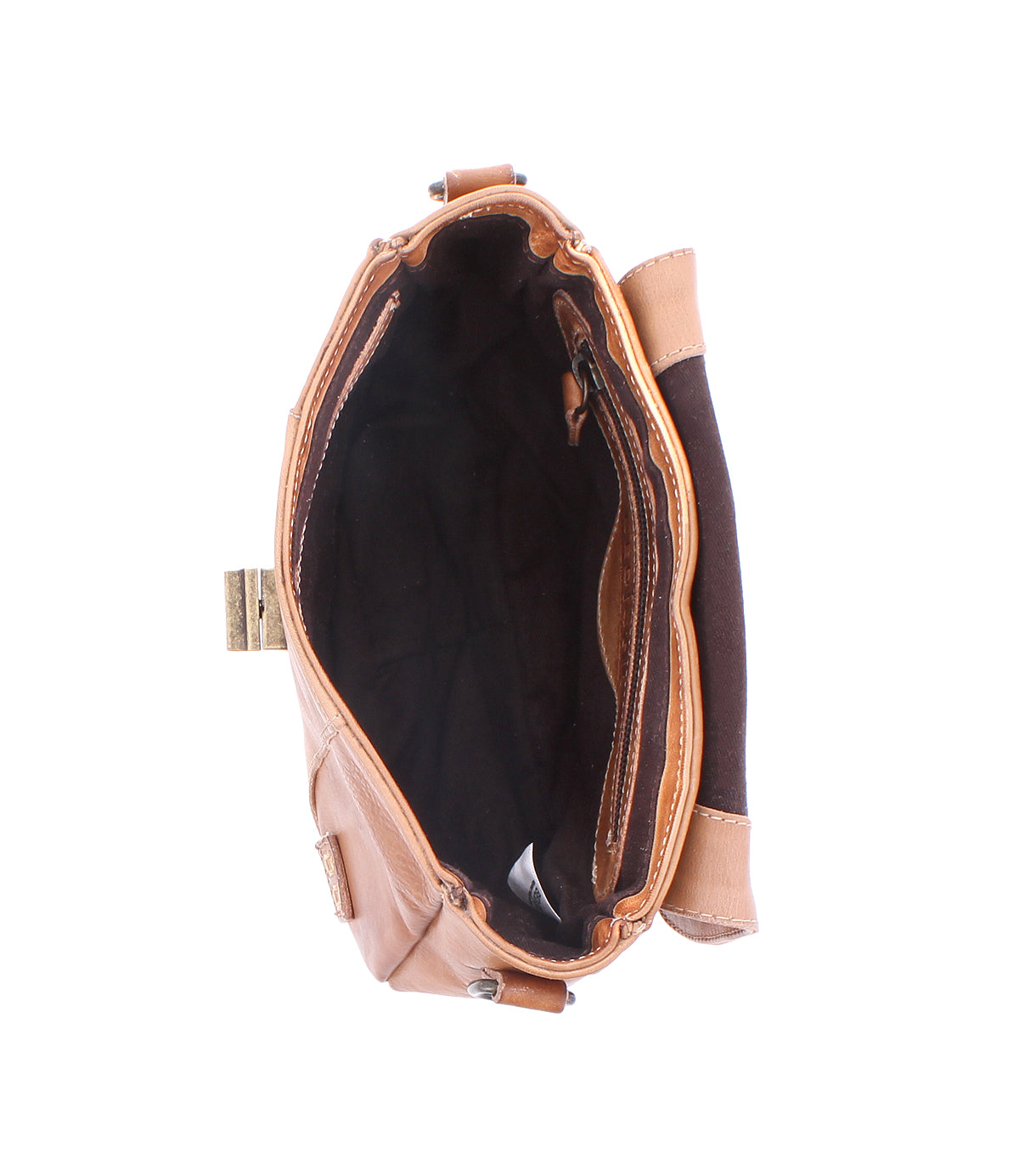 Top view of an open Bed|Stü Elect brown leather shoulder bag with a black interior, featuring an empty main compartment and an interior zippered pocket—perfect for everyday use and crafted with vintage charm.