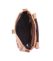 Top view of an open Bed|Stü Elect brown leather shoulder bag with a black interior, featuring an empty main compartment and an interior zippered pocket—perfect for everyday use and crafted with vintage charm.