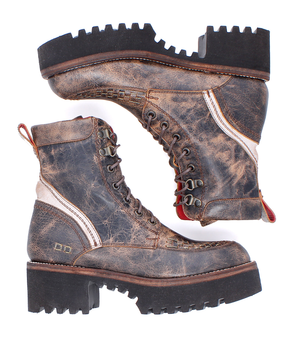 A pair of Bed|Stü Elisha Hi distressed brown leather lace-up boots, featuring a classic lace-up profile with metal eyelets, rugged black soles, and distinctive red pull tabs, displayed from both the side and sole views.