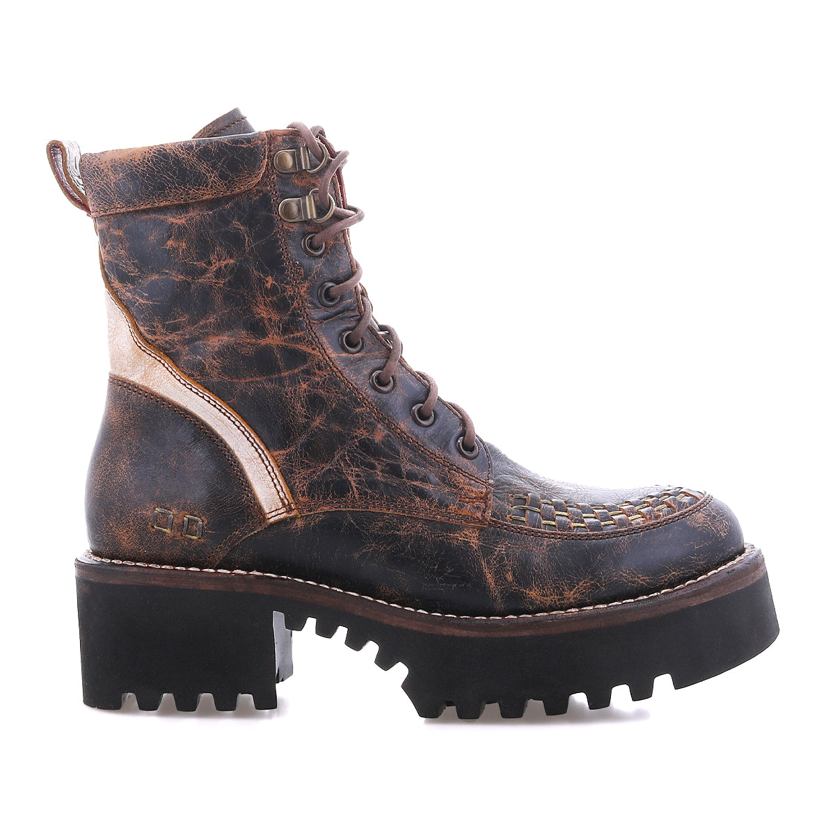 The Bed|Stü Elisha Hi, a brown distressed leather combat boot with visible stitching and a chunky lug sole, is shown in a lace-up profile against a white background.