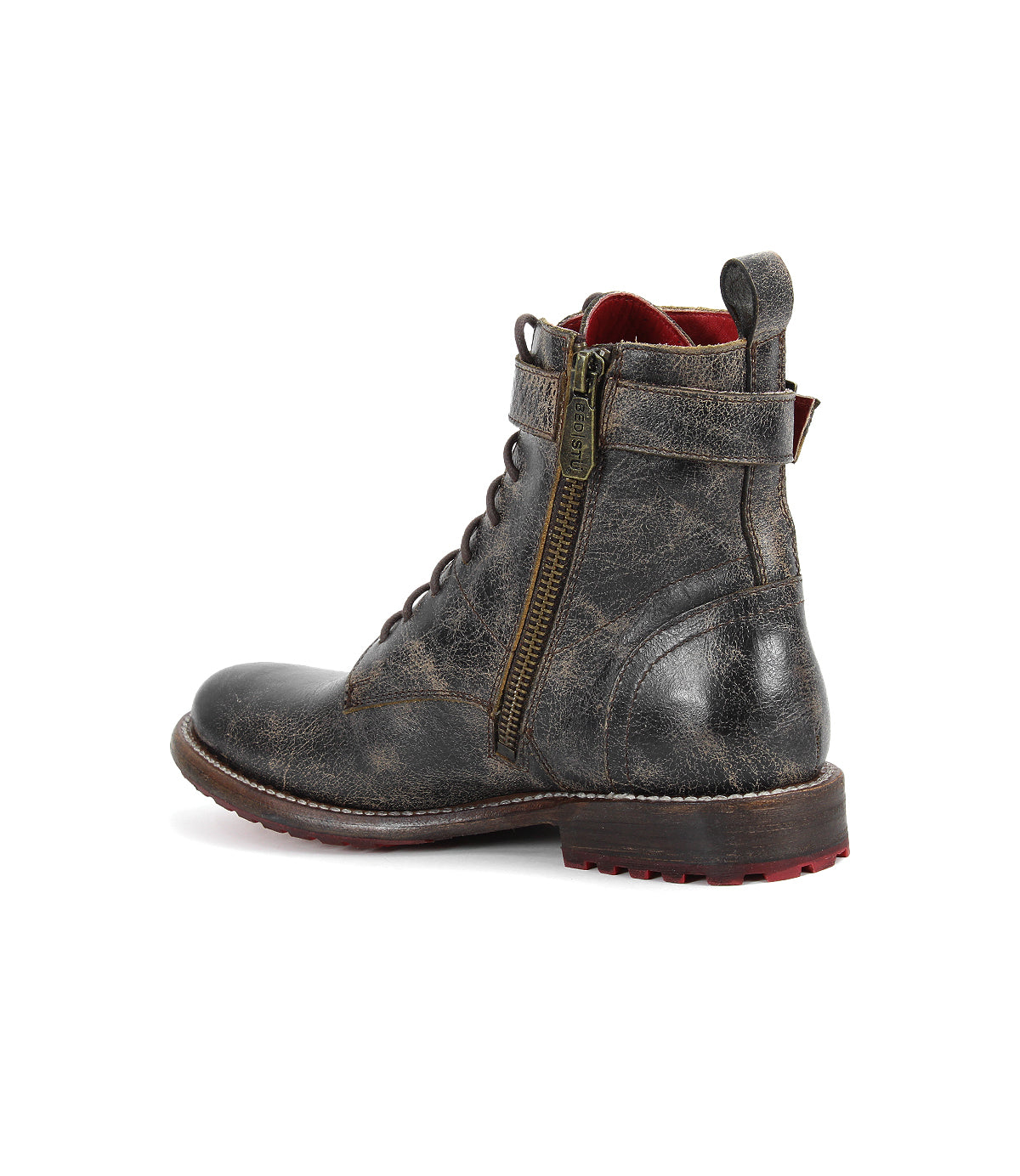 Introducing the Endure by Bed|Stü: a dark brown rugged leather ankle boot featuring a visible side zipper, lace-up front, strap detail, red sole accents, and a worn, distressed finish. Crafted for both style and long-lasting comfort, these boots are designed with durable treaded outsoles to withstand daily wear.