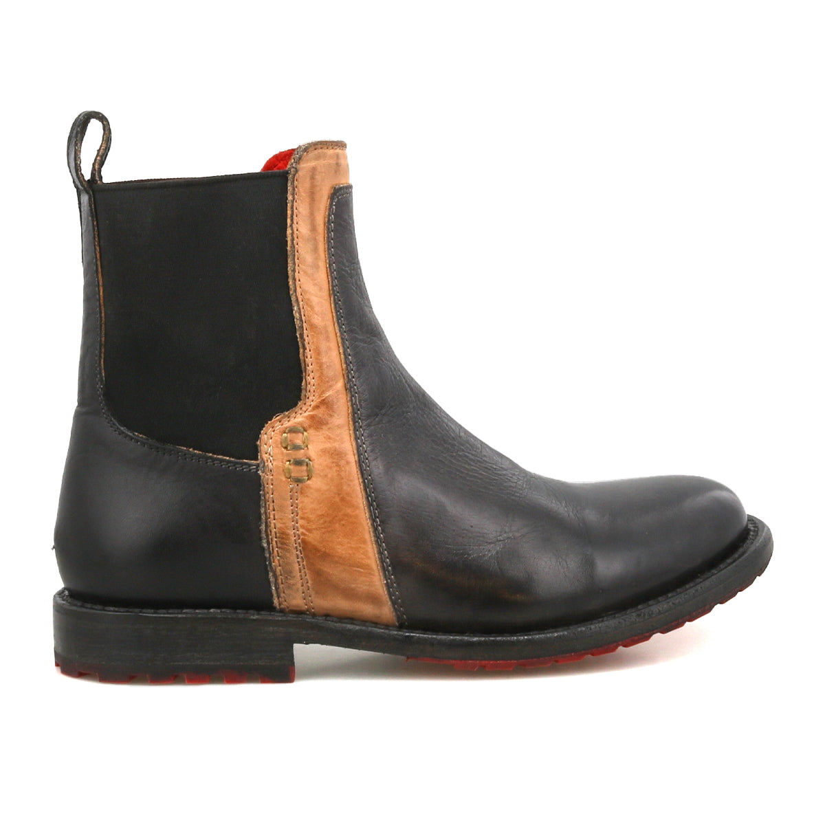 Introducing the Bed|Stü Ethic: a black leather Chelsea boot featuring a brown accent panel, elastic side gore, pull tab at the heel, and a flat sole, shown in side profile. This durable Ethic boot is also lined with leather for enhanced comfort.