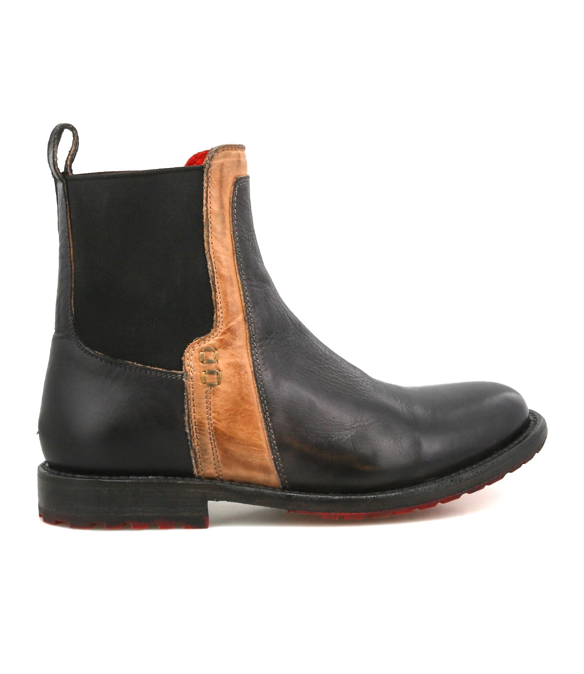 Introducing the Bed|Stü Ethic: a black leather Chelsea boot featuring a brown accent panel, elastic side gore, pull tab at the heel, and a flat sole, shown in side profile. This durable Ethic boot is also lined with leather for enhanced comfort.