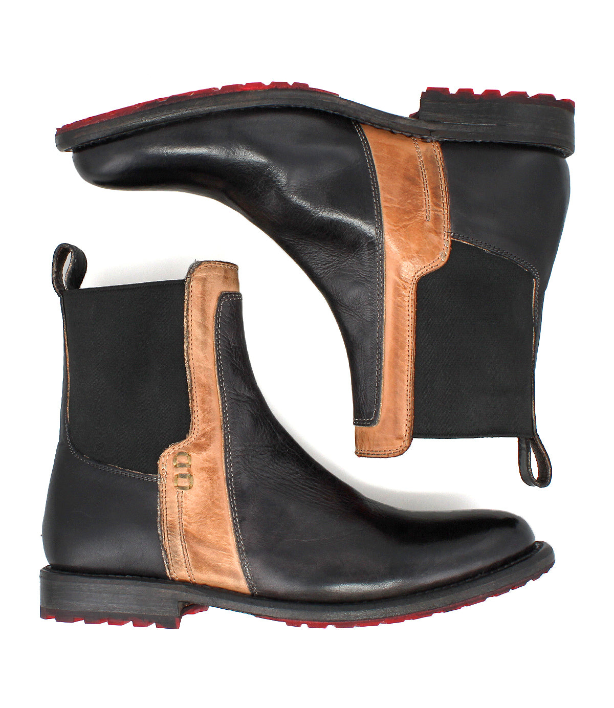 A pair of "Ethic" Chelsea boots by Bed|Stü in black leather, featuring brown side panels, striking red soles, and black elastic gussets. Leather-lined for enhanced comfort, these durable boots are displayed in both side profile and top-down views—an ideal blend of style and function.