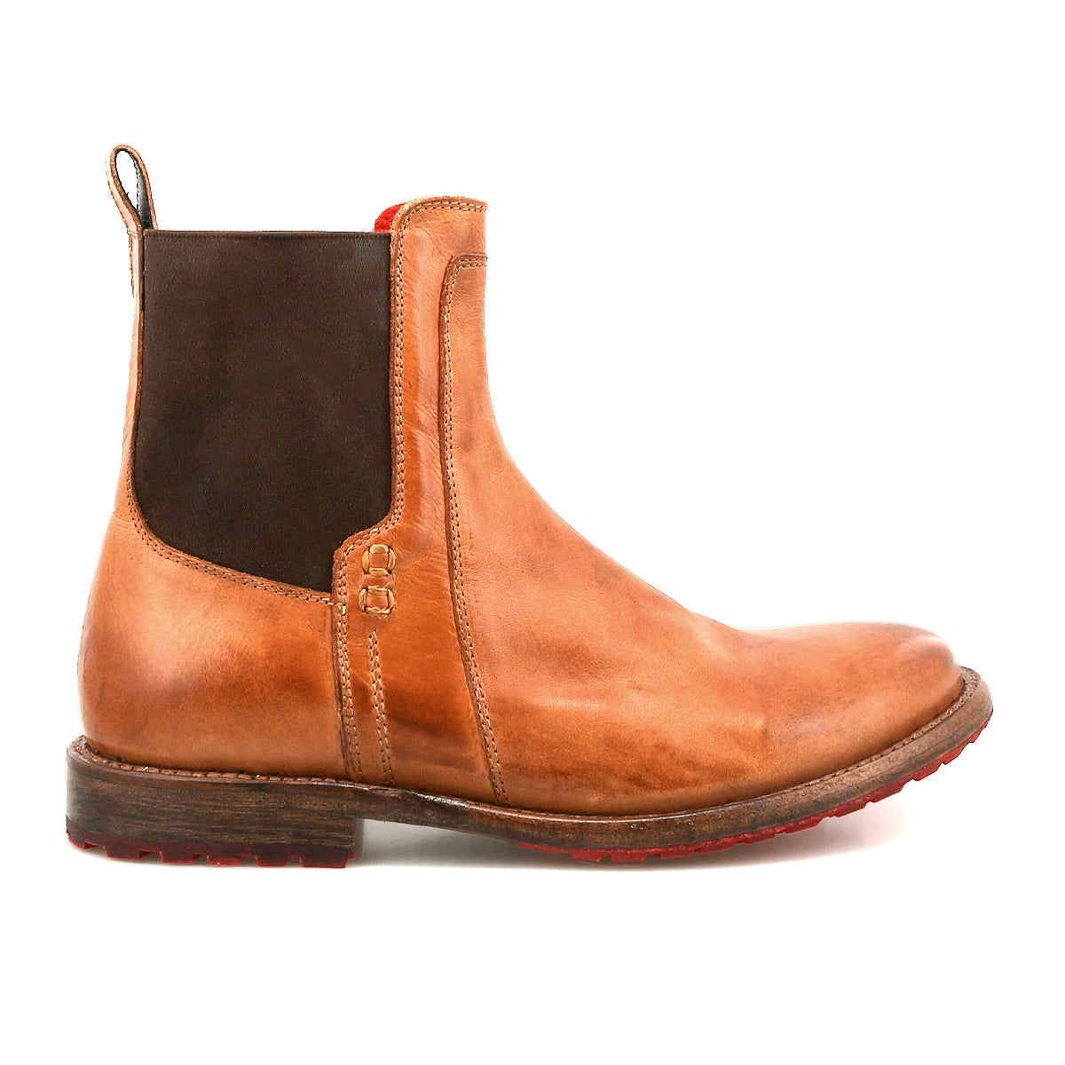 Introducing Ethic by Bed|Stü—a brown Chelsea boot lined with leather, featuring a striking black elastic side panel, low heel, and distinctive red sole. Displayed in a side profile against a white background, this durable and stylish classic offers exceptional comfort and sophistication.