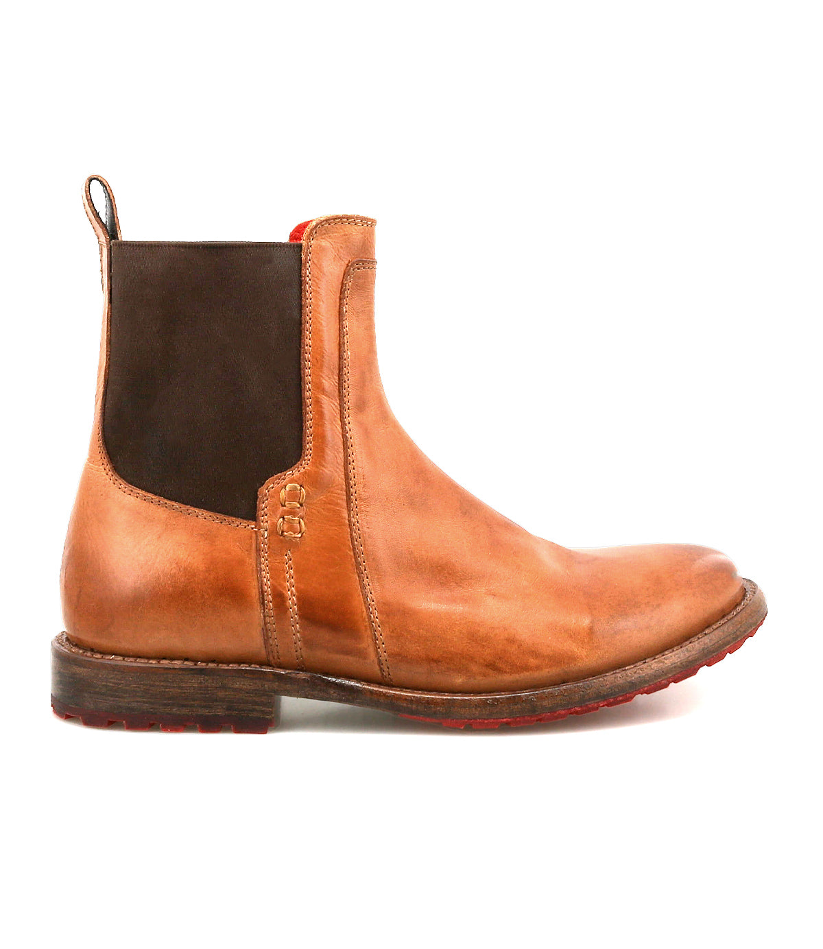 Introducing Ethic by Bed|Stü—a brown Chelsea boot lined with leather, featuring a striking black elastic side panel, low heel, and distinctive red sole. Displayed in a side profile against a white background, this durable and stylish classic offers exceptional comfort and sophistication.