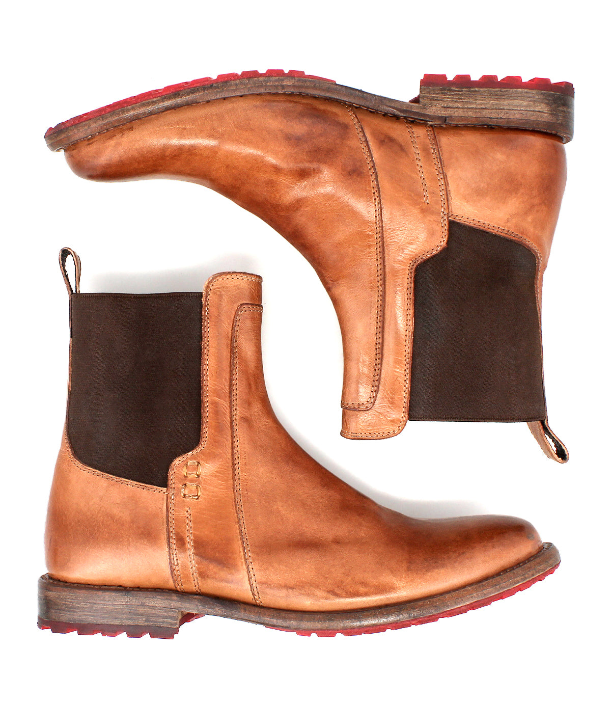 A pair of Bed|Stü Ethic Chelsea boots crafted from durable tan leather with leather lining, featuring dark brown elastic side panels, red rubber soles, and low wooden heels, displayed side by side on a white background.