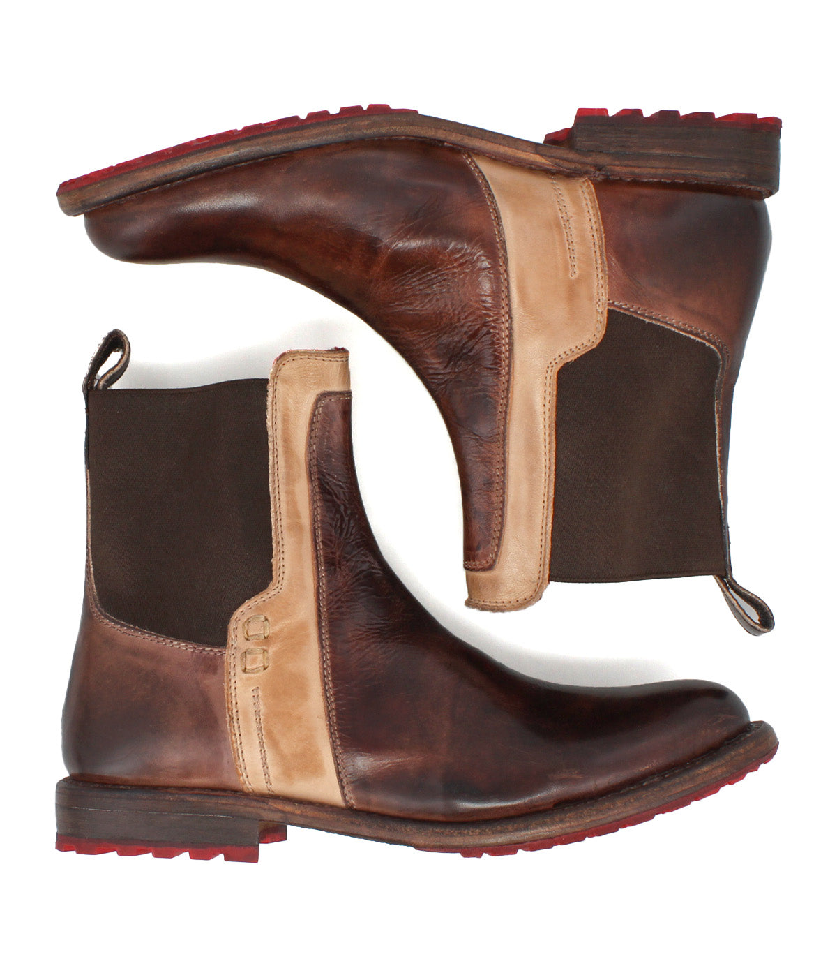 A pair of Bed|Stü Ethic durable brown leather Chelsea boots with beige accents, dark elastic side panels, red tread outsoles, and pull tabs, displayed side by side on a white background.