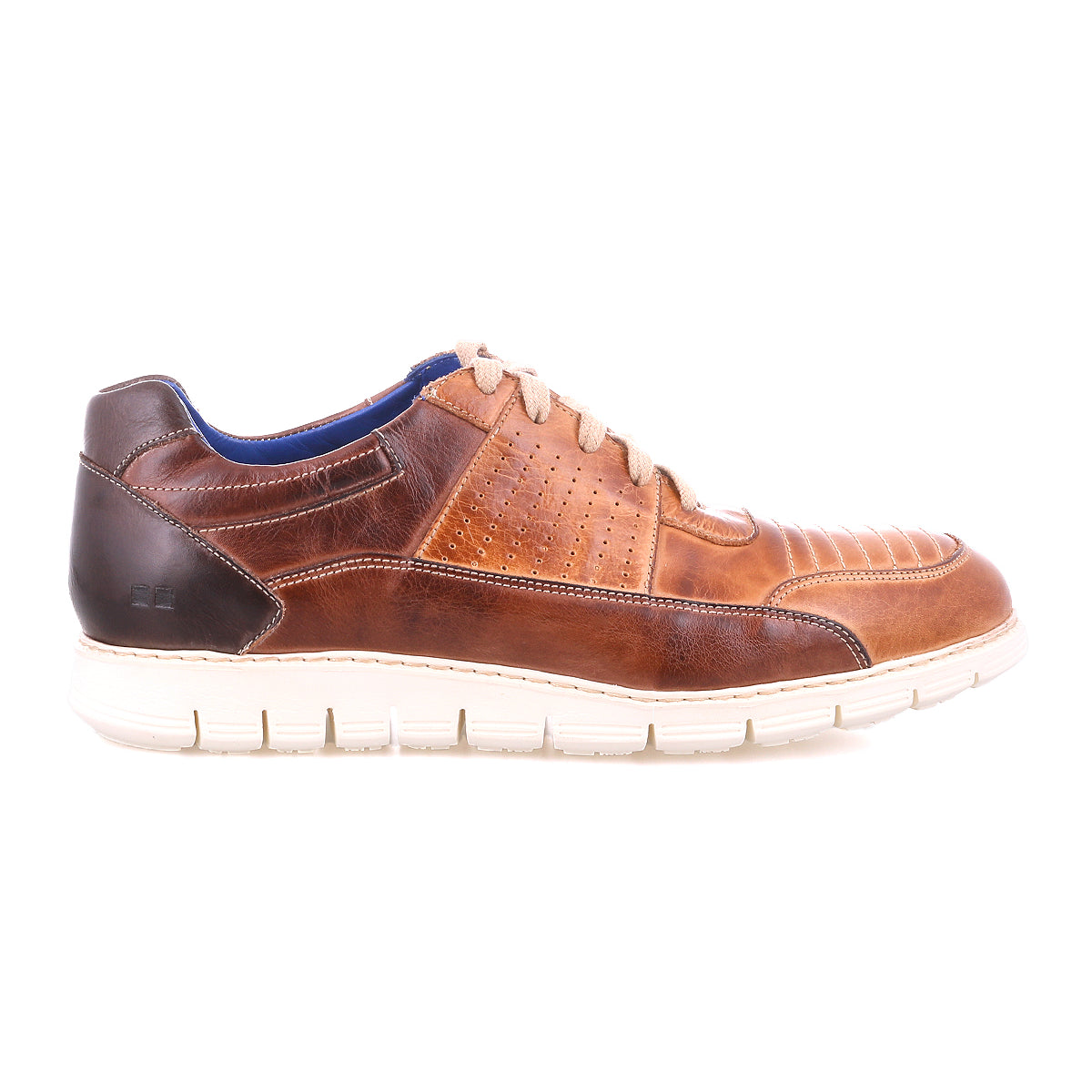 The Fairman men's sneaker from Bed|Stü is crafted from three-tone leather in brown and tan, featuring a white lightweight sole, tan laces, perforated side details, and a contrasting dark brown heel—all showcased on a white background.