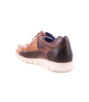 Fairman men's sneaker by Bed|Stü, featuring three-tone brown leather and a lightweight white sole, shown from the rear side angle on a plain white background.