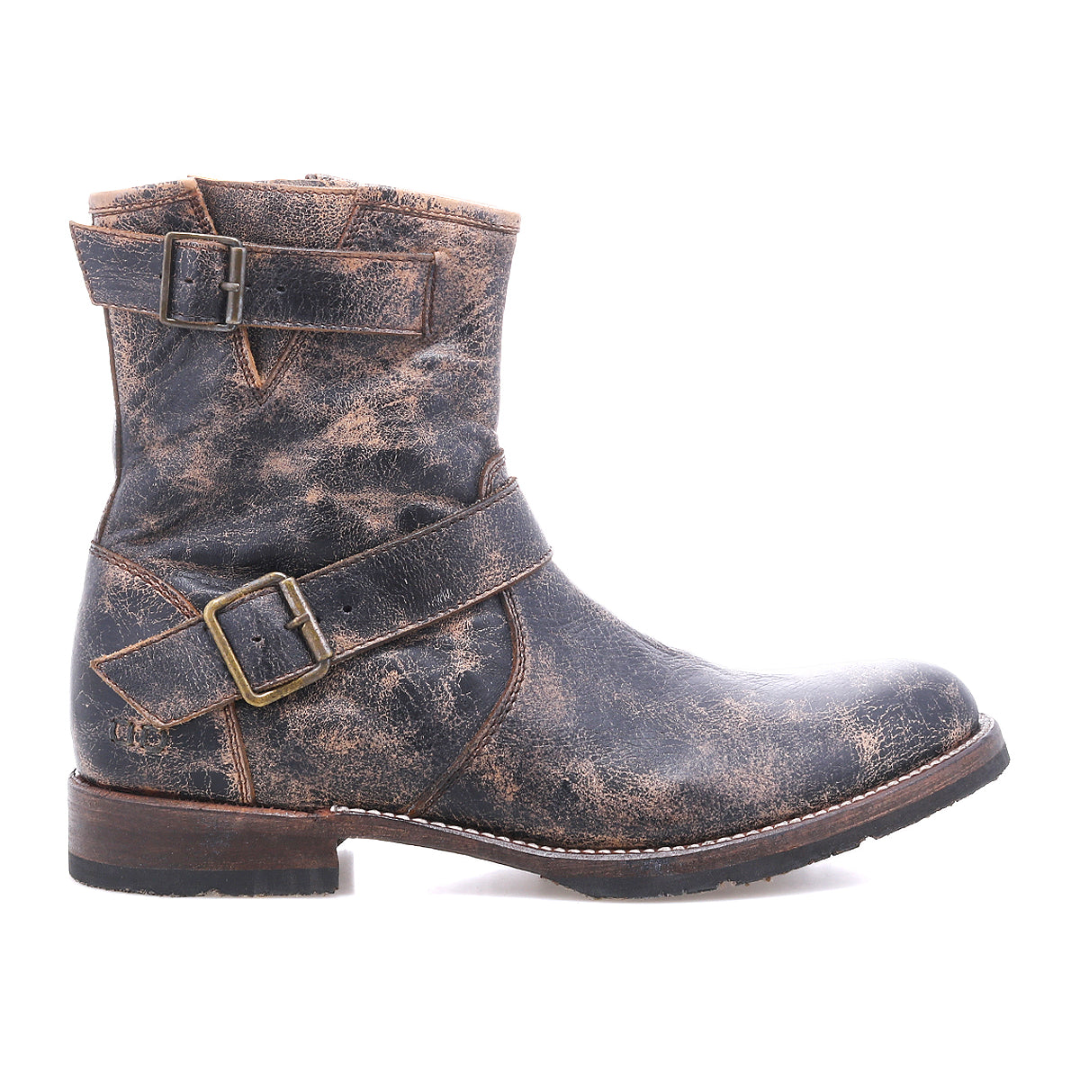 Meet Fellow by Bed|Stü—a rugged, distressed brown leather ankle moto boot featuring two buckled straps, a low stacked heel, round toe, and visible stitching. Expertly crafted with Goodyear welt construction for lasting durability, it’s shown here in a side profile view—an essential staple for any modern wardrobe.