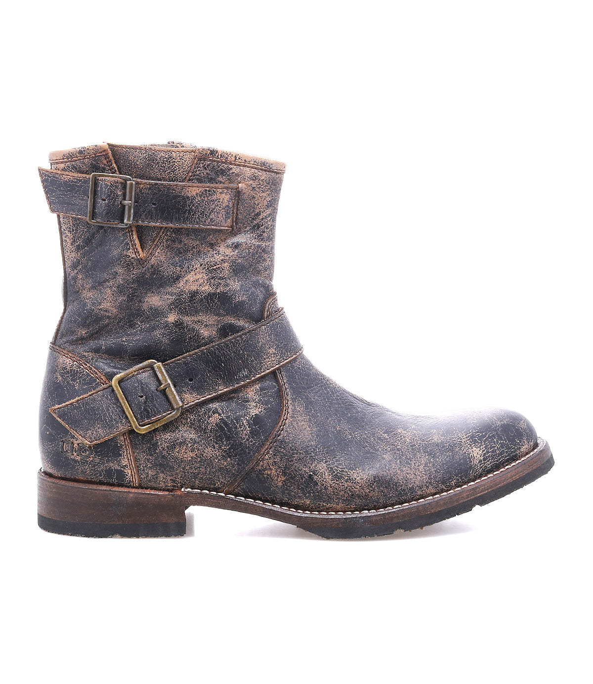 Meet Fellow by Bed|Stü—a rugged, distressed brown leather ankle moto boot featuring two buckled straps, a low stacked heel, round toe, and visible stitching. Expertly crafted with Goodyear welt construction for lasting durability, it’s shown here in a side profile view—an essential staple for any modern wardrobe.